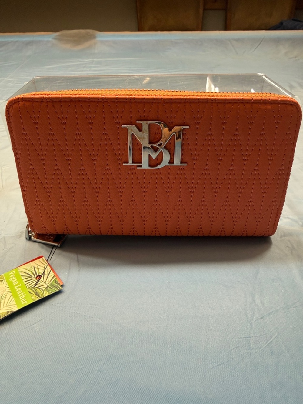 Badgley Mischka Orange Chevron Quilted Zip Wallet with Silver BM Logo